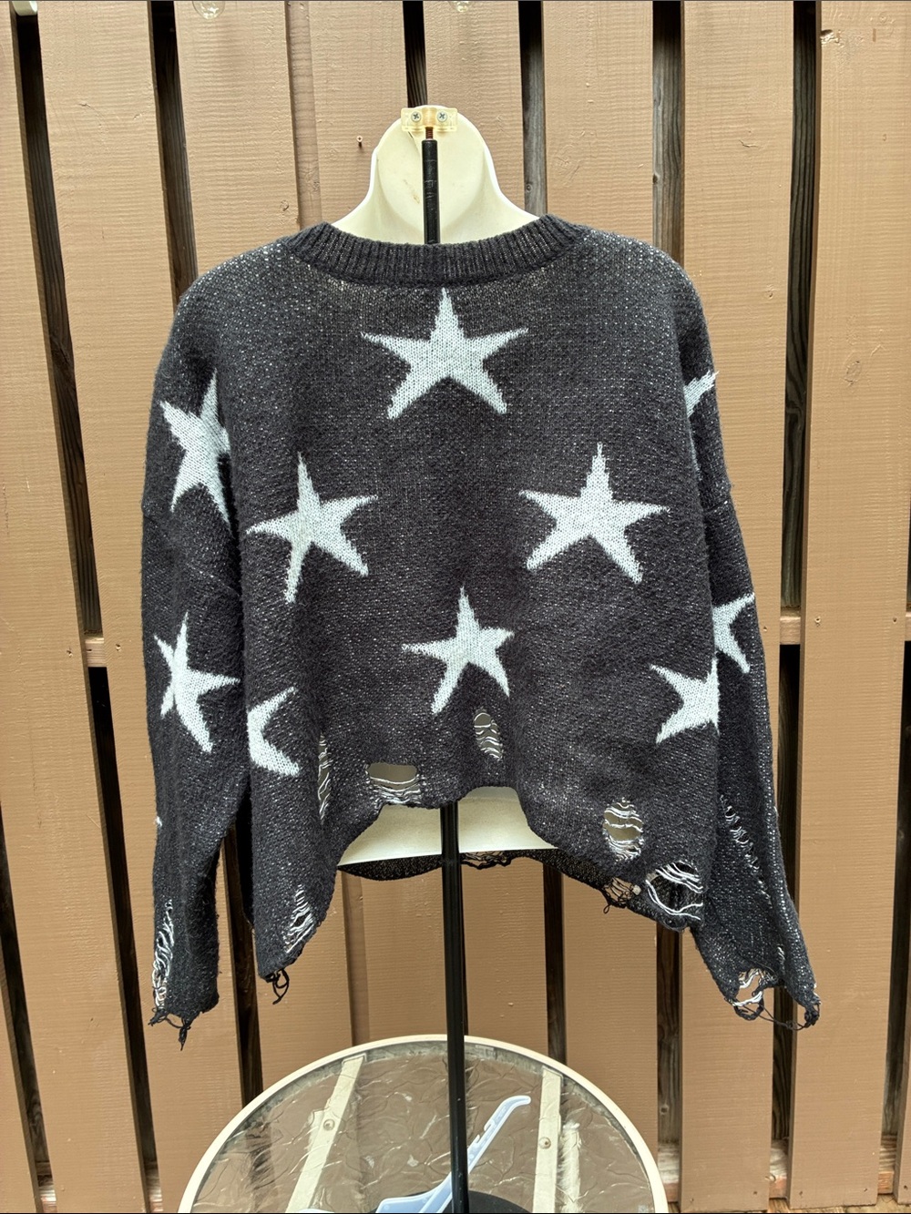 Charcoal Star Pattern Quite Distressed Women's Sweater XL